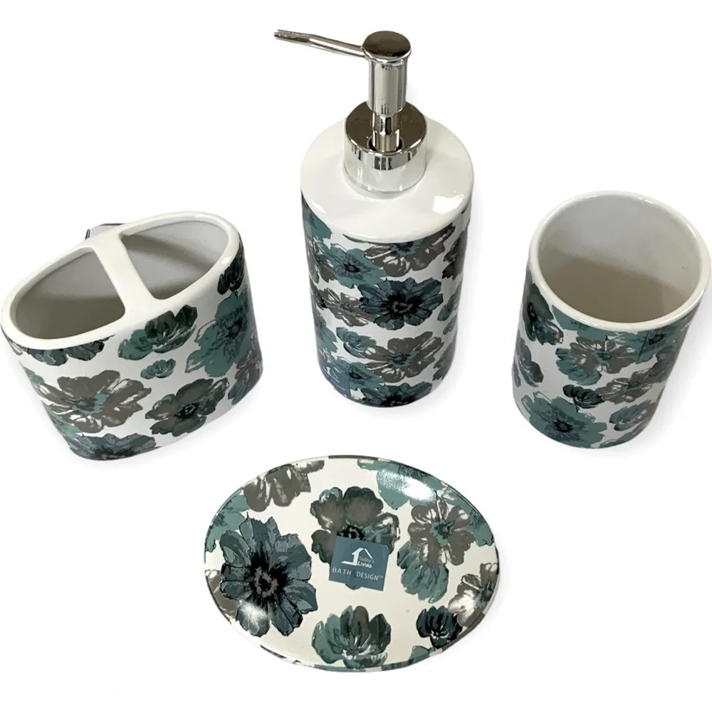 Floral Bath Accessory Ceramic Set Sun Splash Collection White Blue 4 Piece Set